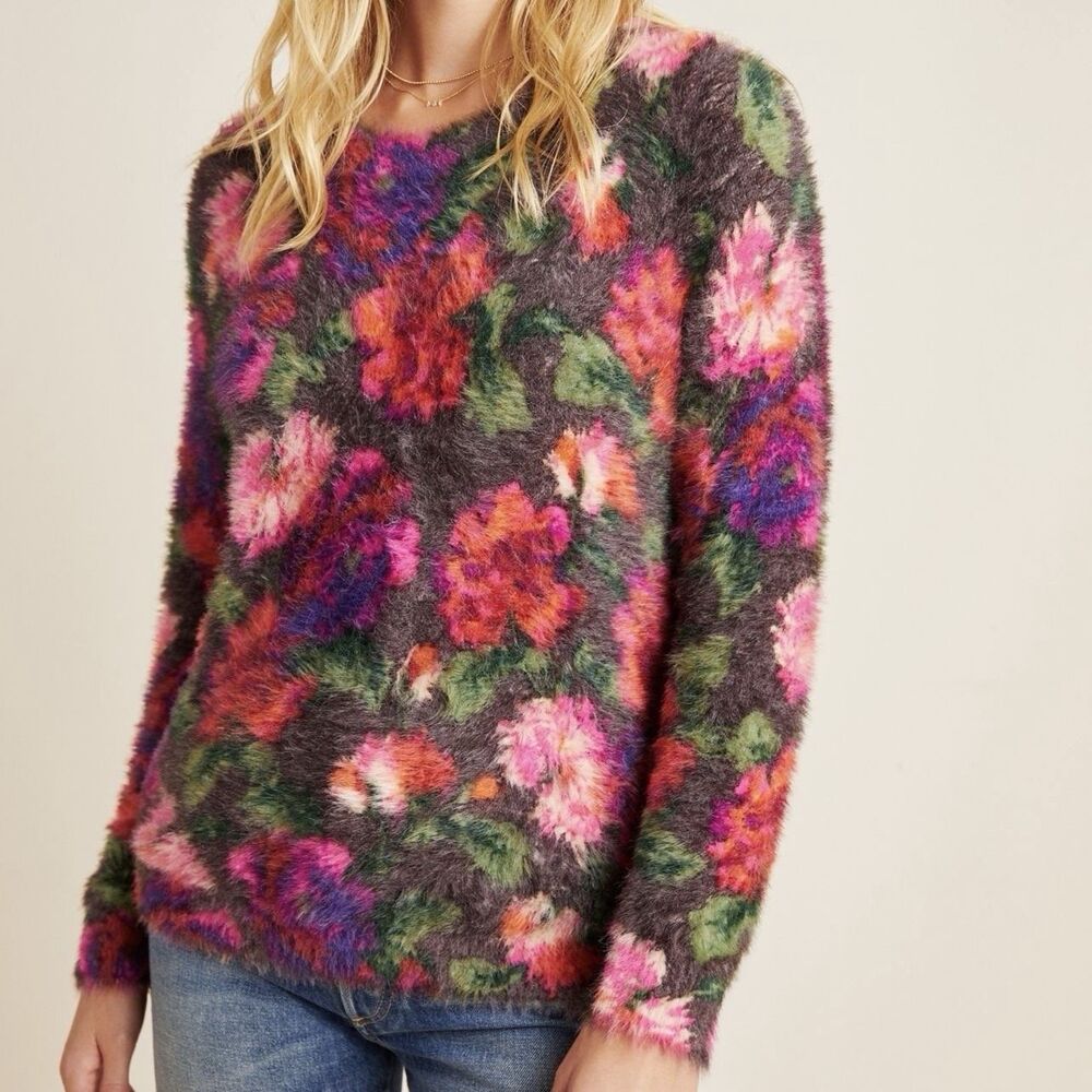 Anthropologie Ariel Eyelash Sweater Floral Motif Fuzzy Knit Women’s Medium M